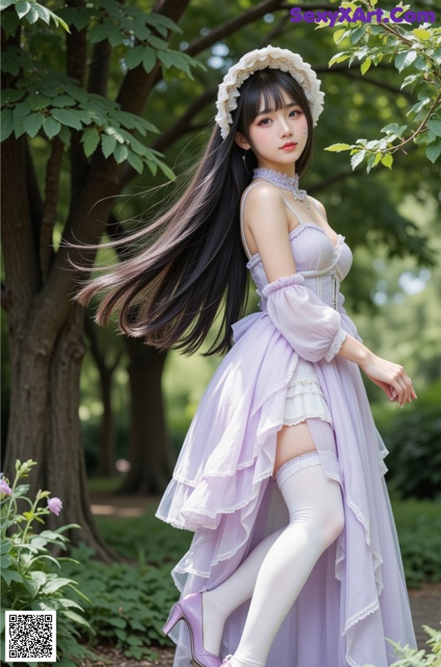 A woman in a purple dress and white stockings posing for a picture.