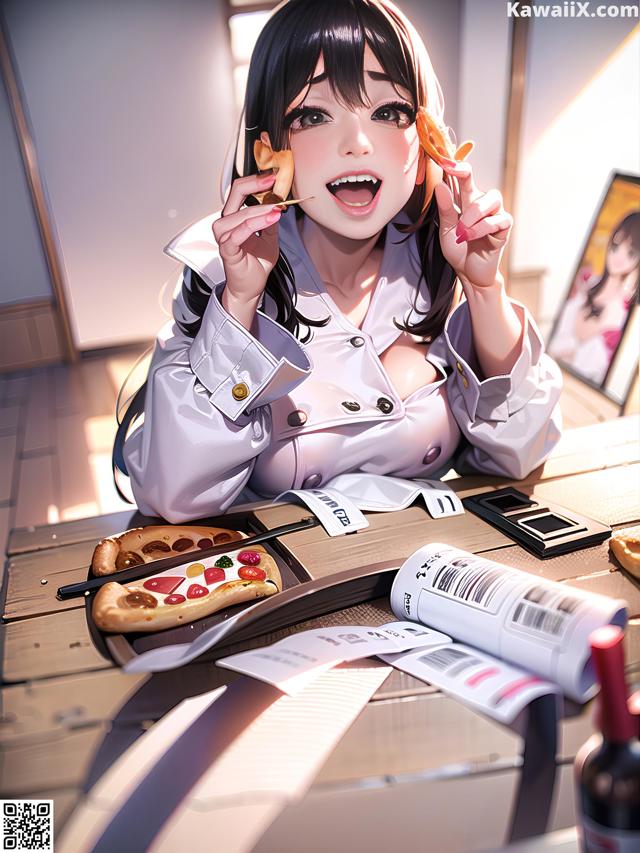 A woman sitting at a table eating pizza.