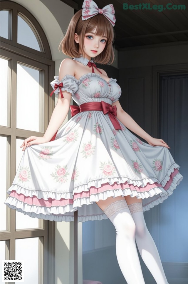 A woman in a white dress with a pink bow on her head.